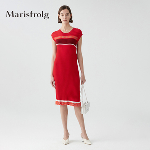 Marisfrolg/玛丝菲尔女装夏季新款修身气质红色针织连衣裙