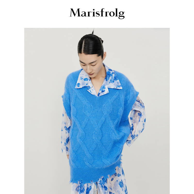 【会员价797元】玛丝菲尔秋季蓝色V领马海毛针织马甲女