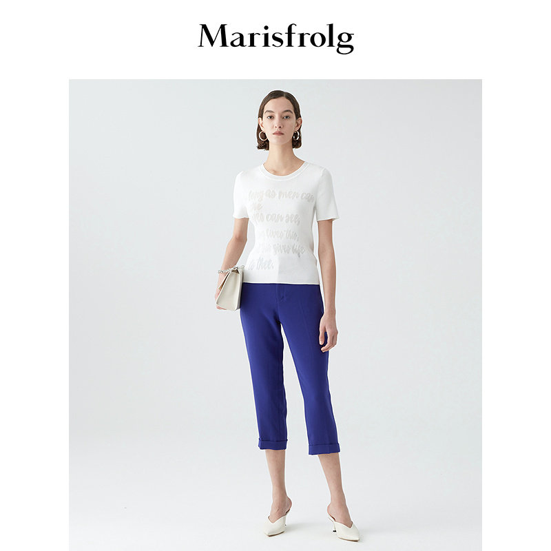 Marisfrolg玛丝菲尔夏季新款女装蓝色西装裤直筒休闲九分裤