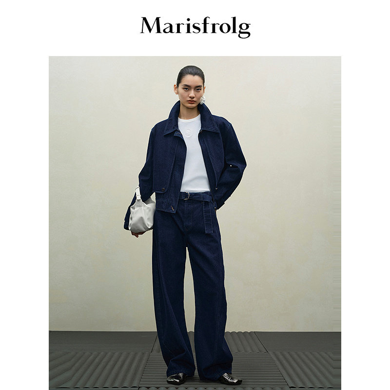 Marisfrolg玛丝菲尔秋季新款休闲深蓝色时尚牛仔纯棉夹克外套女士