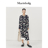 玛丝菲尔时尚 艺术匠坊 气质圆领褶裥花稿印花斜裁宽松连衣裙女