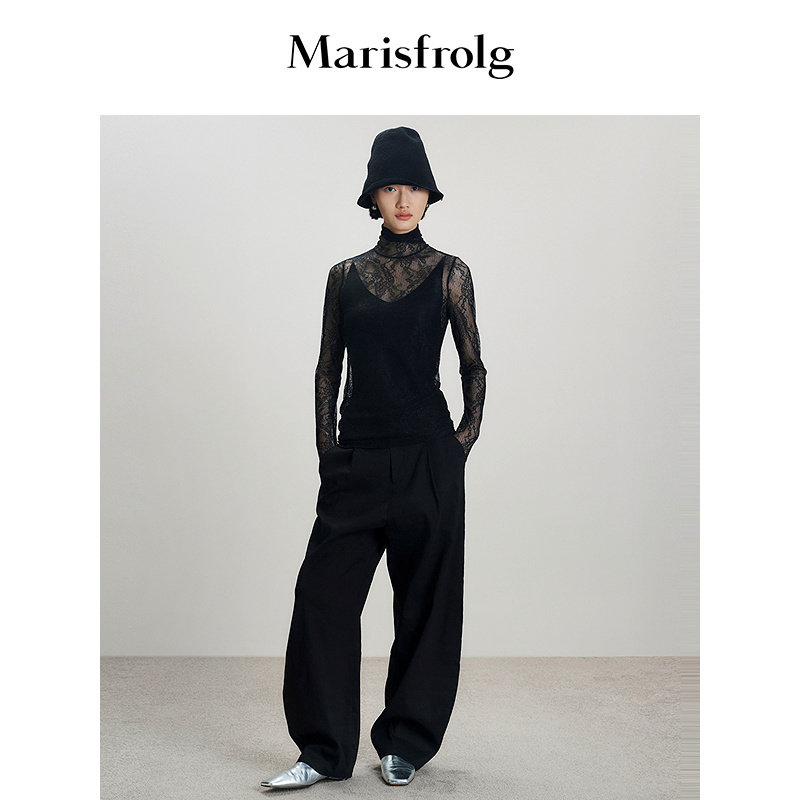 Marisfrolg玛丝菲尔春秋新款优雅时尚黑色蕾丝高领长袖透纱打底衫