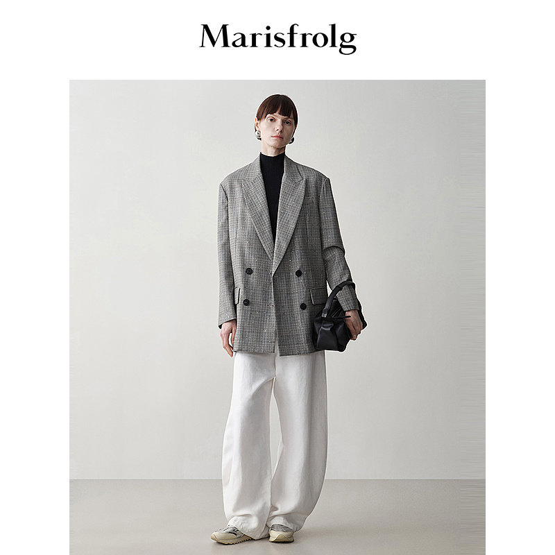 Marisfrolg玛丝菲尔秋季新款休闲时尚格子羊毛中长款西装外套女