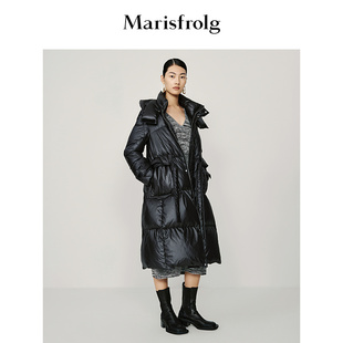 黑色显瘦亮面长款 新款 玛丝菲尔冬季 腰带羽绒服 兜帽设计羽绒服