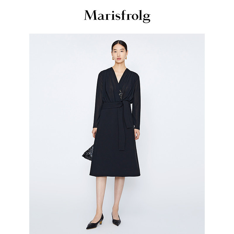 【商场同款】Marisfrolg玛丝菲尔冬季新款黑色系带收腰羊毛半身裙