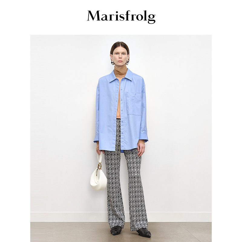 Marisfrolg玛丝菲尔秋季新款休闲蓝色长袖经典长款衬衫衬衣女