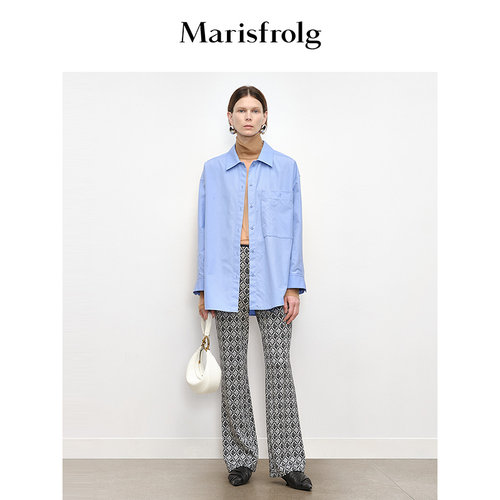 Marisfrolg玛丝菲尔秋季新款休闲蓝色长袖经典长款衬衫衬衣女