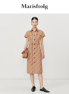 【英伦气质】玛丝菲尔夏新款橙色衬衫领短袖格纹收腰连衣裙
