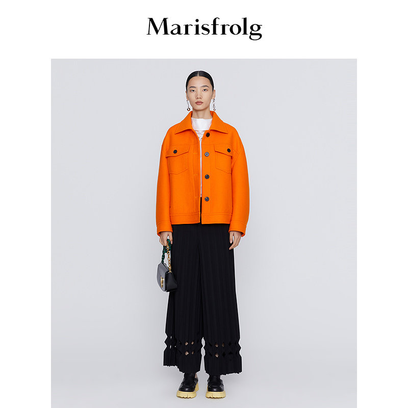 【商场同款】Marisfrolg玛丝菲尔冬季新款橘红色减龄羊毛短外套