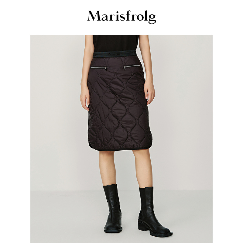 【轻云系列】玛丝菲尔23春装新款黑色a字菱形格小香风羽绒半身裙