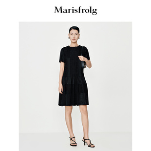 新款 商场同款 玛丝菲尔茶歇裙夏季 黑色V领镂空蕾丝拼接连衣裙