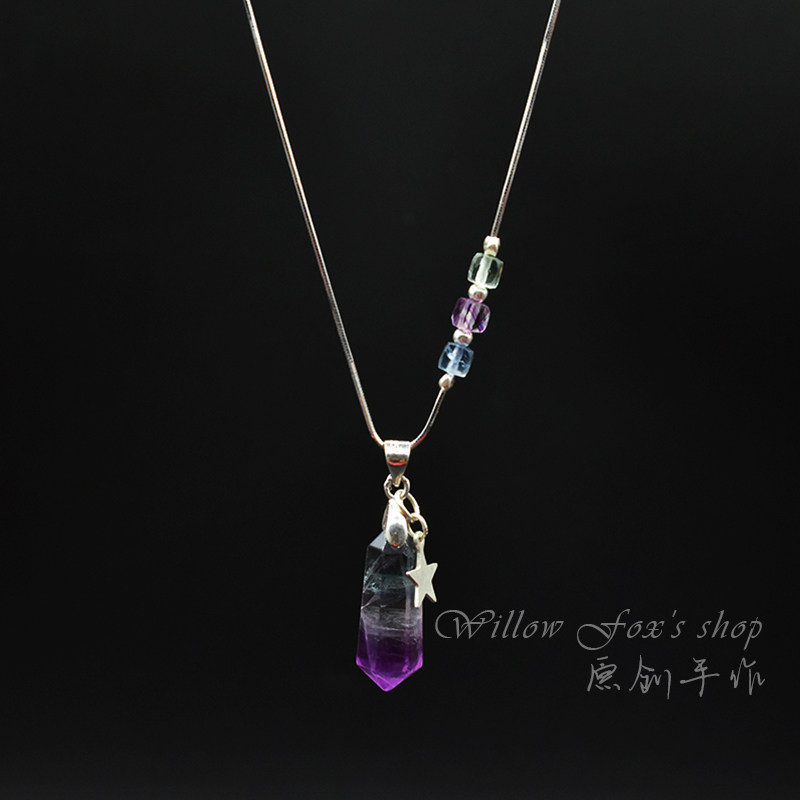 天然七彩萤石六棱柱纯银链可调节吊坠个性原石饰品手工原创项链
