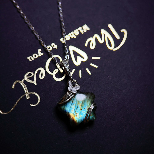 彩色拉长石星星纯银锁骨吊坠