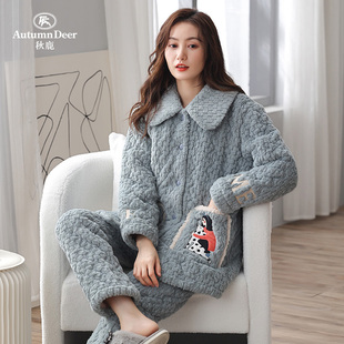 秋鹿断码清仓珊瑚绒睡衣女小女孩斑点狗印花可爱减龄法兰绒夹棉