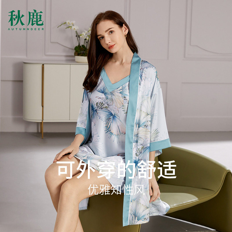 秋鹿仿真丝夏天睡衣女款南韩丝吊带睡裙中袖绑带外袍春夏家居女裙
