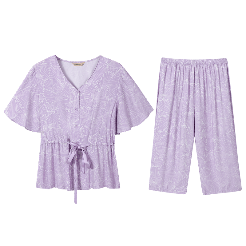 秋鹿冰丝睡衣夏款女款简约V领纯色短袖七分裤仿真丝家居服夏薄款