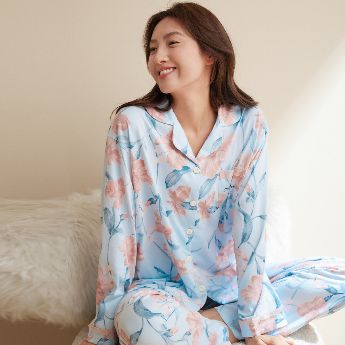 秋鹿【超柔软】纯棉睡衣女春秋款翻领开衫碎花长袖长裤家居服套装