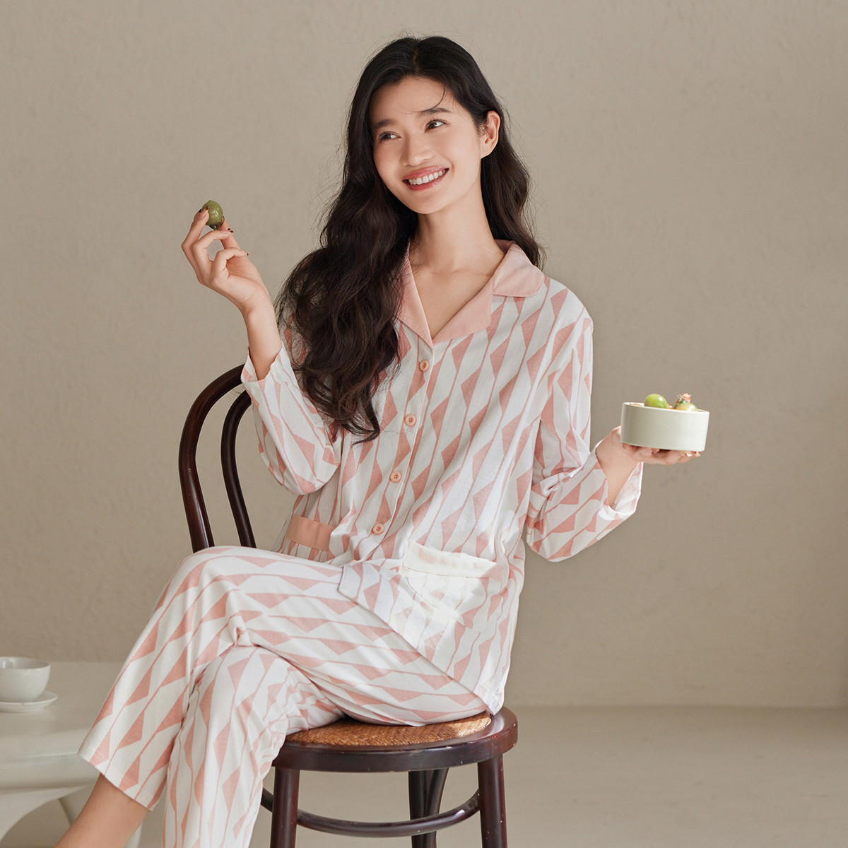 针织单面翻领开衫长袖长裤女套