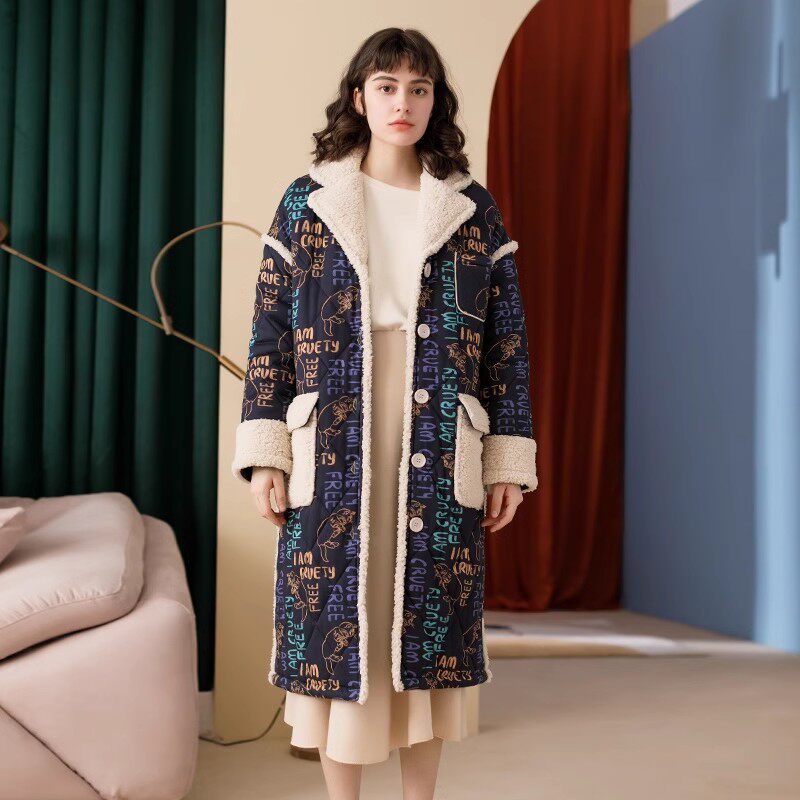 秋鹿情侣睡袍时尚字母夹棉男女士三层加厚潮流绒拼接居家外穿浴袍