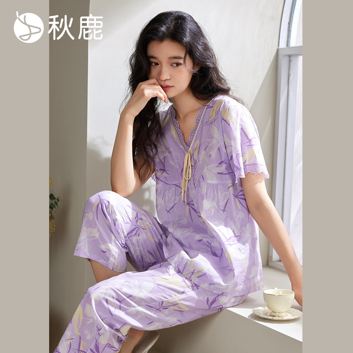 秋鹿【直播专享】V领显瘦蕾丝花边梭织纯棉抑菌睡衣女夏季短袖