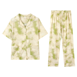 秋鹿针织纯棉睡衣女夏款翻领印染开衫短袖长裤柔软透气家居服套装