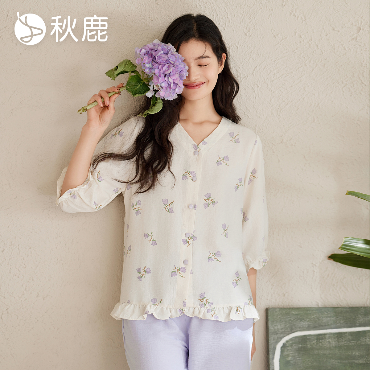 秋鹿睡衣夏天女款新中式国风V领印花七分袖九分裤夏季家居服套装