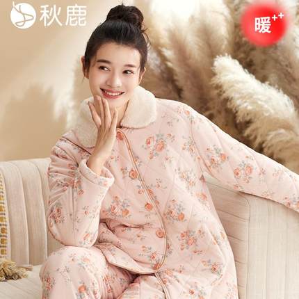 秋鹿三层加绒加厚夹棉睡衣女2024秋冬款纯棉碎花高级感家居服套装