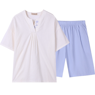 秋鹿梭织纯棉睡衣女春夏天简约纯色短袖短裤家居服可外穿女士套装