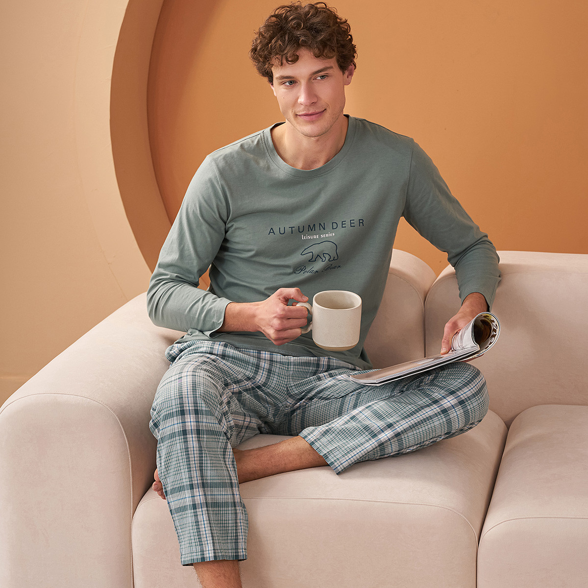 秋鹿【售完不补】睡衣特价清仓可外穿家居服针织格子裤圆领男套装