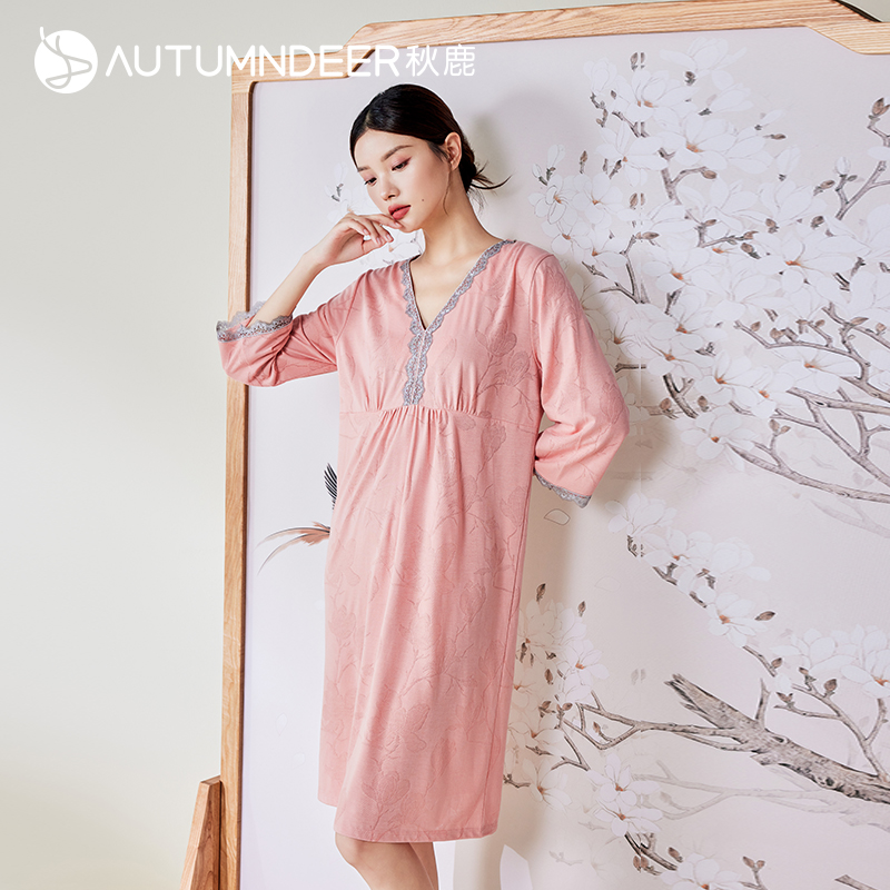 秋鹿针织提花棉睡衣女夏薄款新中式国风蕾丝花边七分袖家居服睡裙