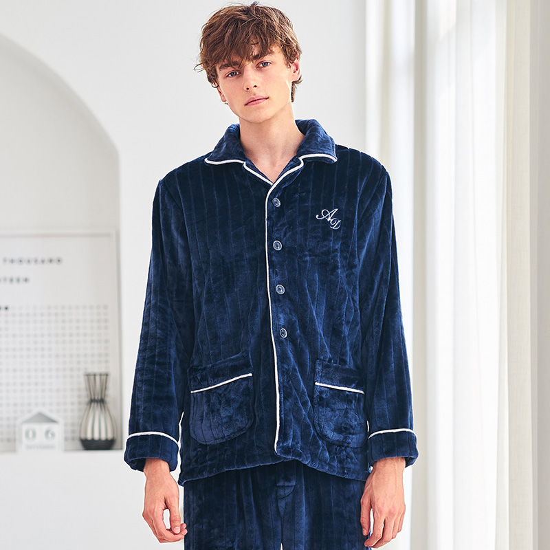 秋鹿男款珊瑚绒长袖开衫保暖睡衣