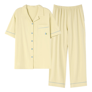 秋鹿短袖长裤睡衣女夏天纯棉简约女士家居服夏款套装薄款翻领开衫