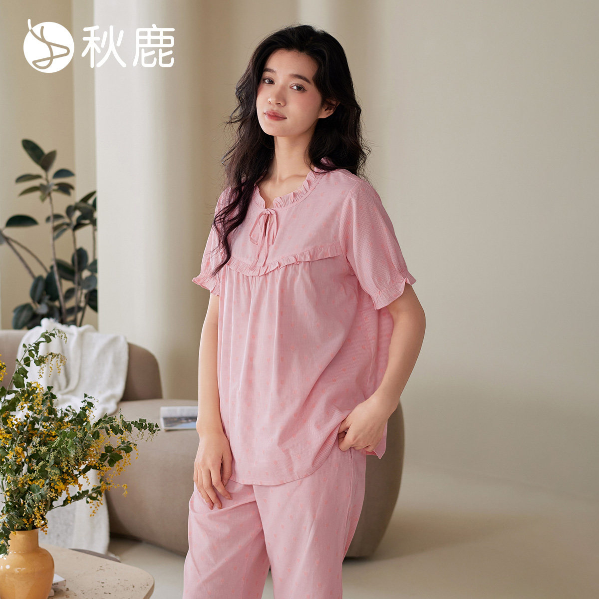秋鹿梭织棉碎花睡衣可外穿