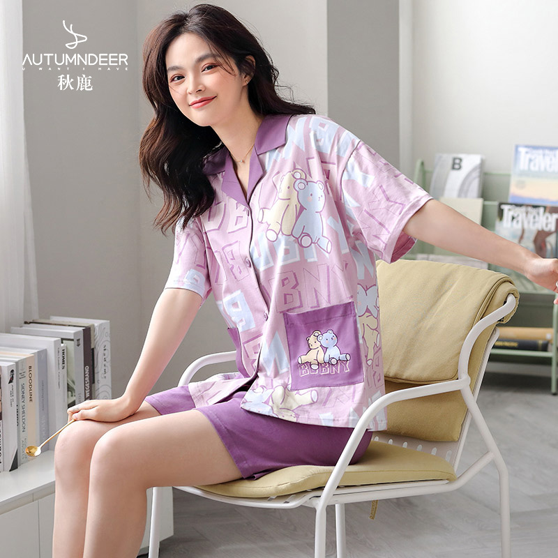 针织单面翻领开衫短袖短裤女套