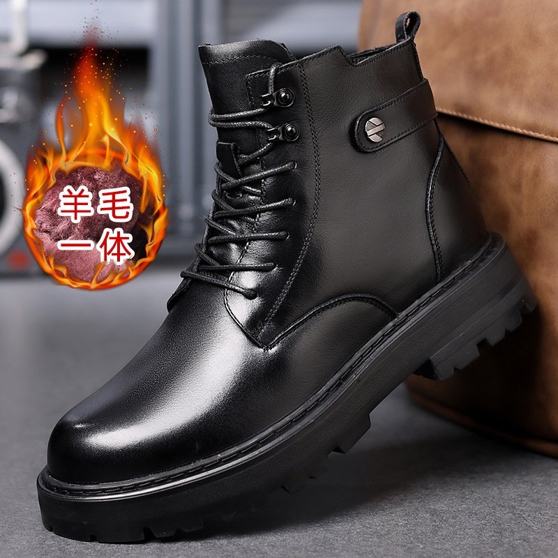 头层牛皮马丁靴男真皮冬季皮毛一体男靴休闲羊毛男式皮靴高帮男鞋