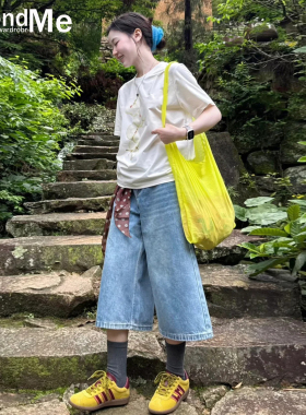 浅蓝色七分阔腿牛仔裤女2026年夏季新款高腰宽松薄款八分直筒中裤