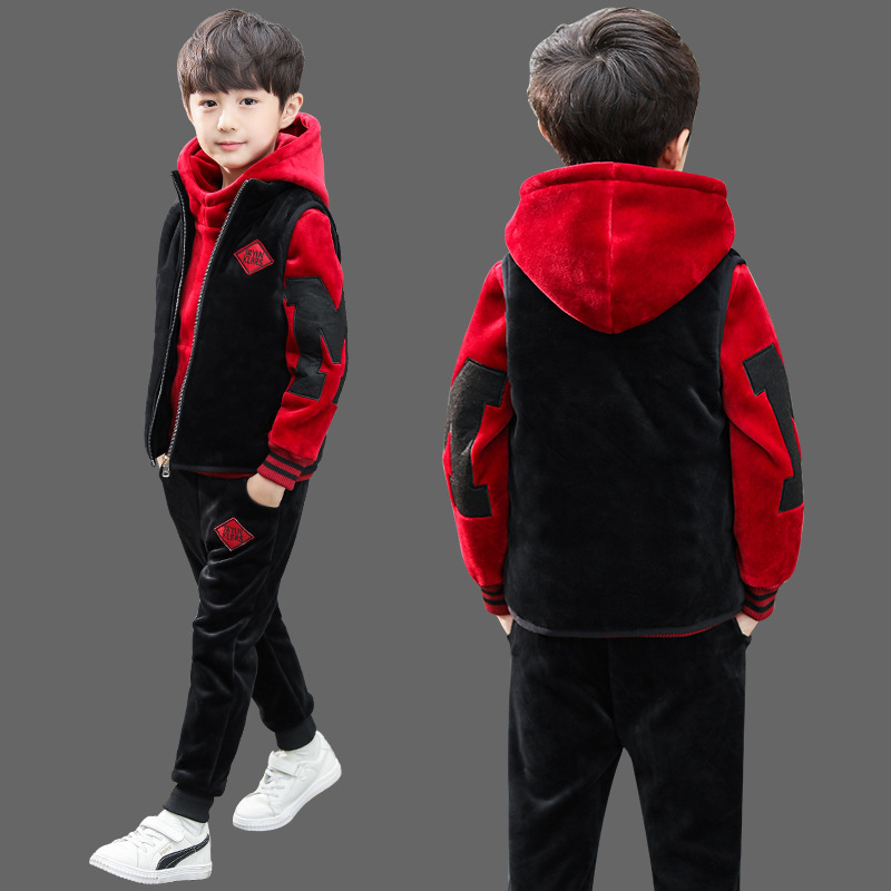 新品男童套装加绒加厚秋冬装2025新款中大儿童装男孩卫衣三件套潮