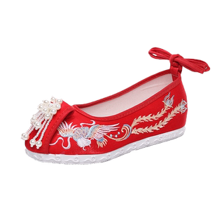 原创古风汉服鞋子女内增高古装绣花中式秀禾婚鞋珍珠凤头鞋低跟