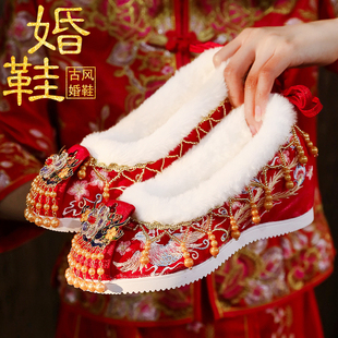 配旗袍红色结婚鞋 原创古风汉服婚鞋 绣花鞋 复古秀禾加绒婚鞋 女中式