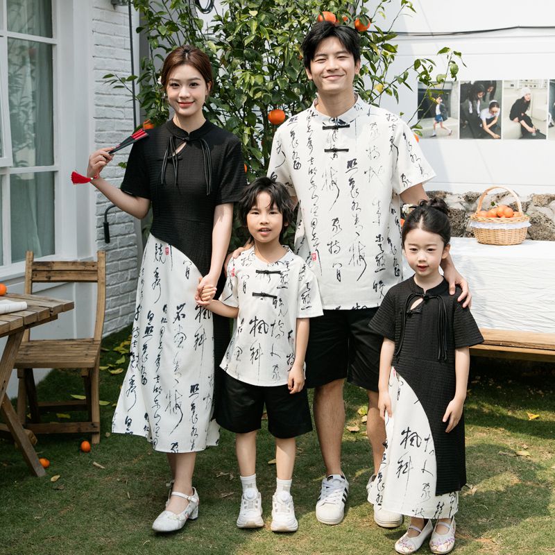 2025新中式亲子装一家三口旗袍套装夏男女童六一演出服唐装两件套