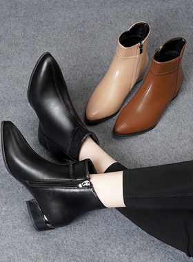 Female pointed short tube side zipper flat bottom boots女靴