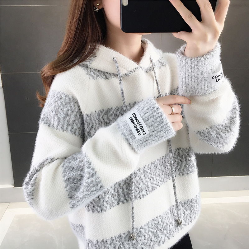 Women's loose hooded mink fleece sweatshirt, knitted top上衣