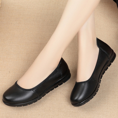 Women black leather shoes soft soled flat sole single shoes
