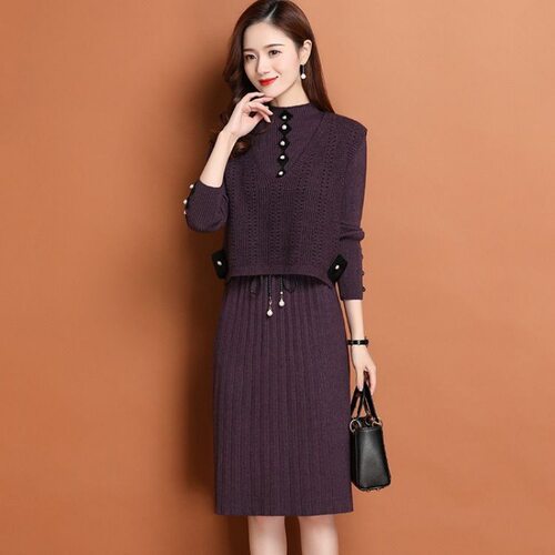Women's two-piece long knitted dress base shirt女针织连衣裙