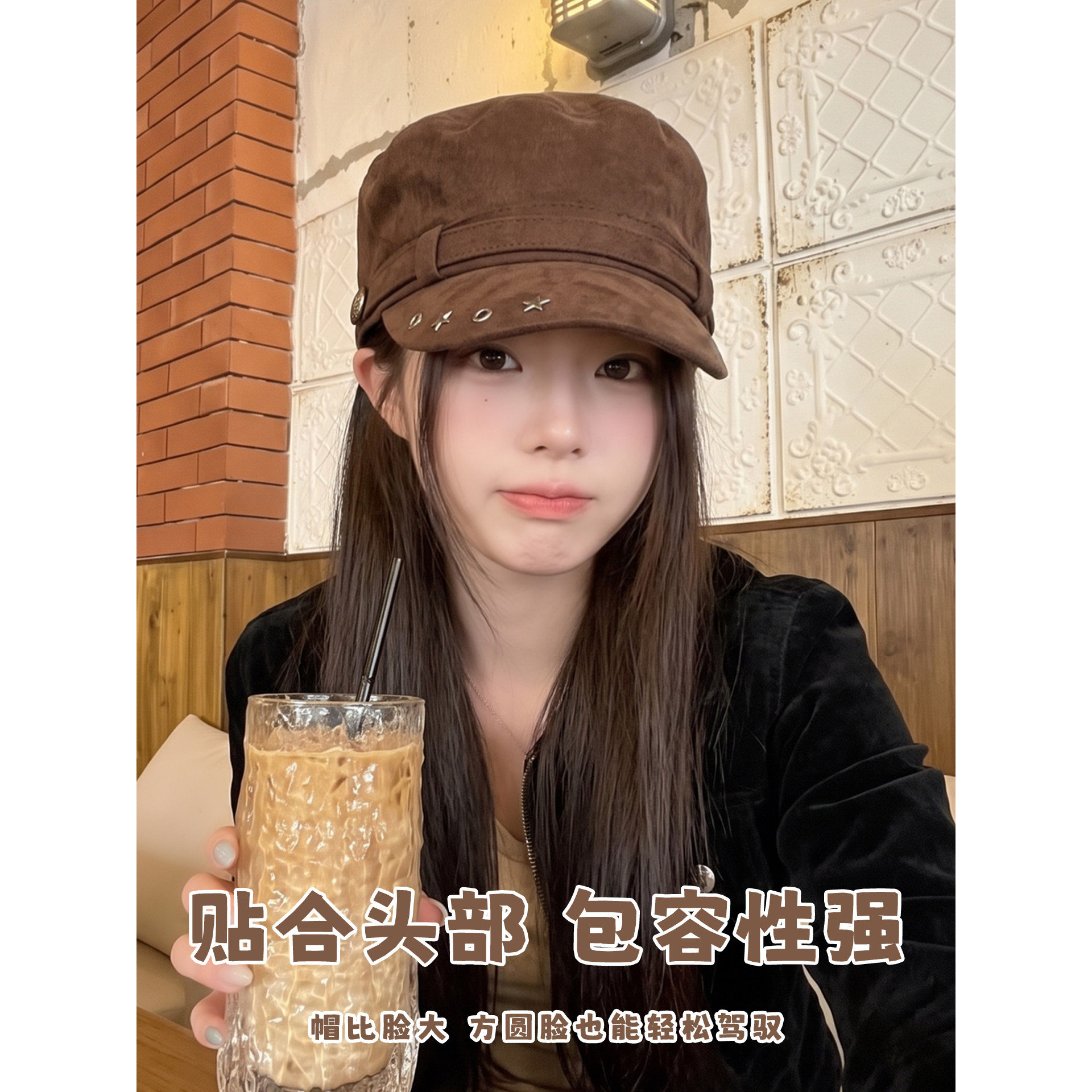 帽子马术帽女秋季复古柳钉报童帽显脸小工装平顶帽百搭咖色鸭舌帽