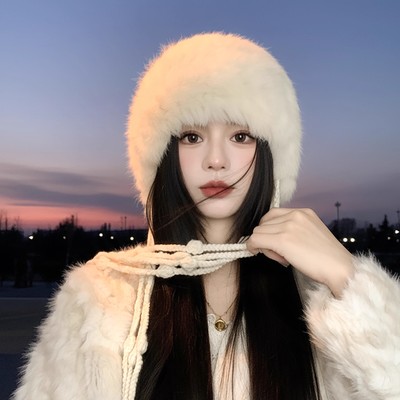 白色真兔毛针织渔夫帽子女款2025新款冬季毛绒护耳保暖流苏毛线帽