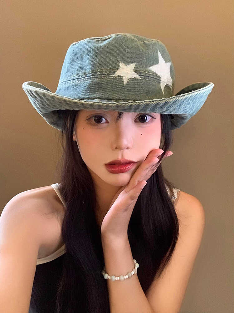 牛仔渔夫帽女夏季遮阳防晒太阳帽子韩版百搭水洗做旧五角星盆帽潮