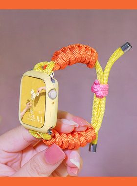 适用于Applewatch7/8苹果手表表带iwatch6/5/Ultra4/3/2se代替换表带夏天创意配件情侣编织款玫红拼黑色腕带