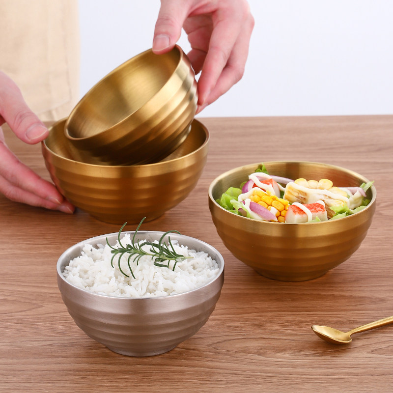 金色螺纹碗304不锈钢儿童米饭碗汤碗酱料泡菜创意甜品碗 韩式餐具