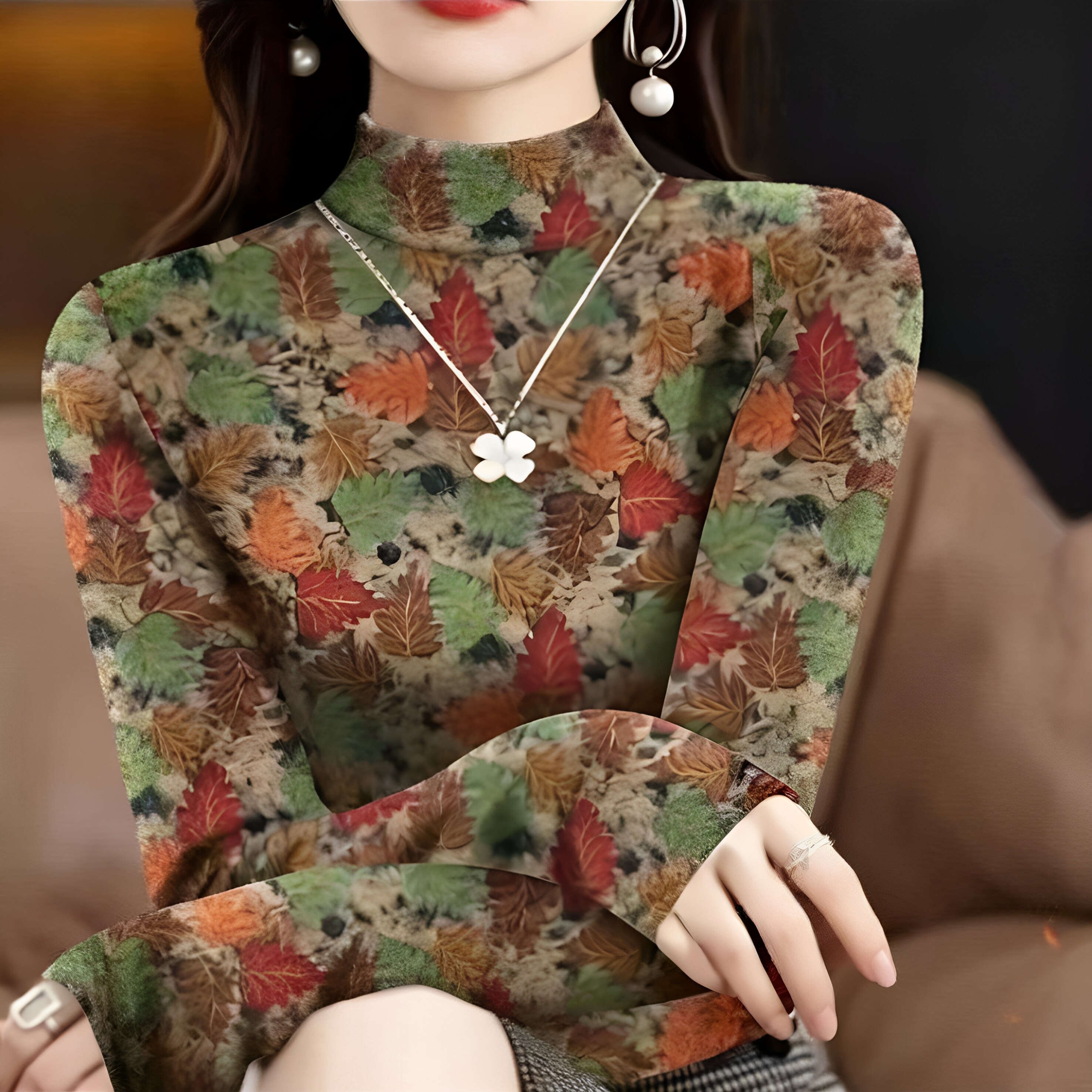 正品半高领德绒印花长袖T恤女秋